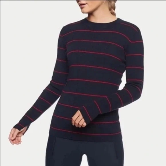 Athleta Women’s Bayside Striped Sweater Sz Medium Navy Red Merino wool blend G95 - Picture 1 of 5